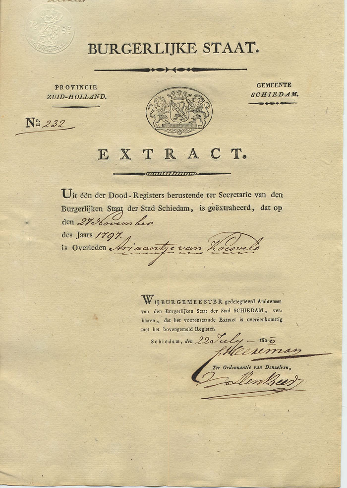 Extract van de overlijdensakte van Adriana van Koetsveldt in 1797. De akte is opgesteld in 1820 toen de zoon Jacob voor de derde keer trouwde. Hij moest toen de akten van overlijden van zijn ouders laten zien.